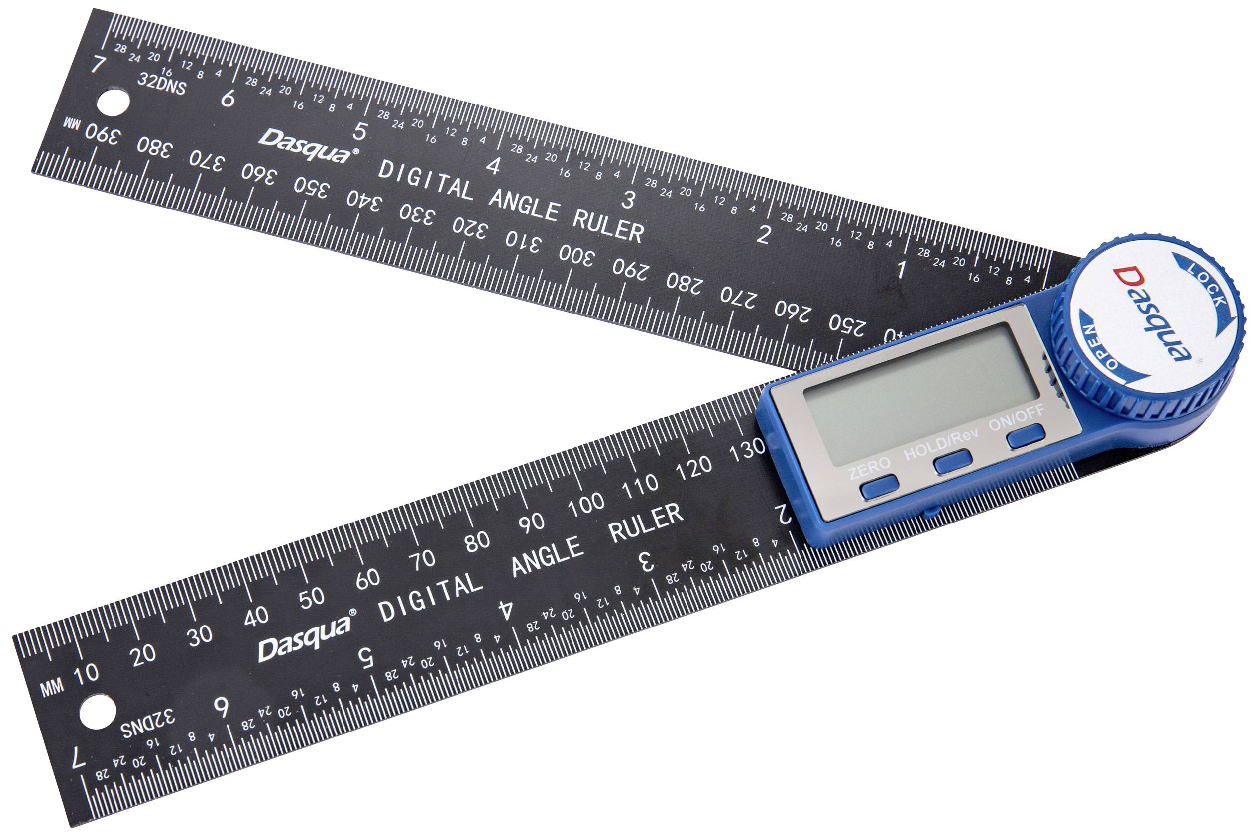 Digitaler Winkelmesser mit zwei Linealen und einem LCD-Display zur genauen Winkelmessung. Markierungen in Zoll und Millimeter sichtbar.