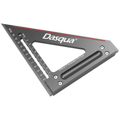 Dreieckiger Schreinerwinkel mit Skalierung und Griff, Markenname 'Dasqua®' prominent zu sehen. Hauptwerkzeug zur Winkelmessung.