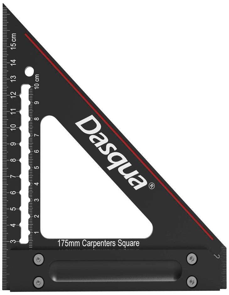 'Dreieckiger Schreinerwinkel von Dasqua, 175 mm, mit Skalen in Zentimetern und Millimetern, schwarz mit roten Akzenten.'