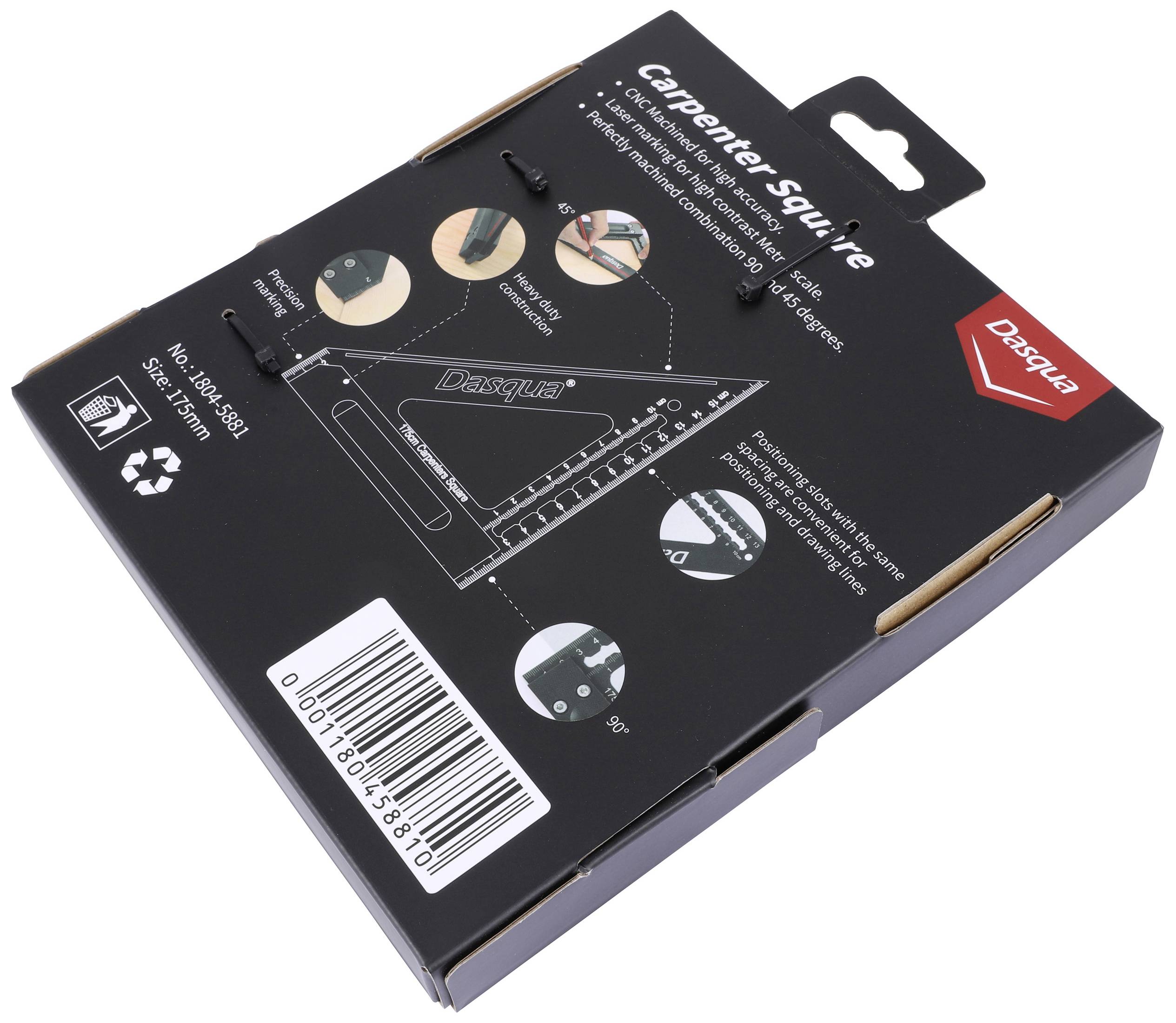 Verpackung eines 'Carpenter Square' von Dasqua mit Abbildungen der Verwendungsmöglichkeiten und Produktdetails. Barcodenummer sichtbar.