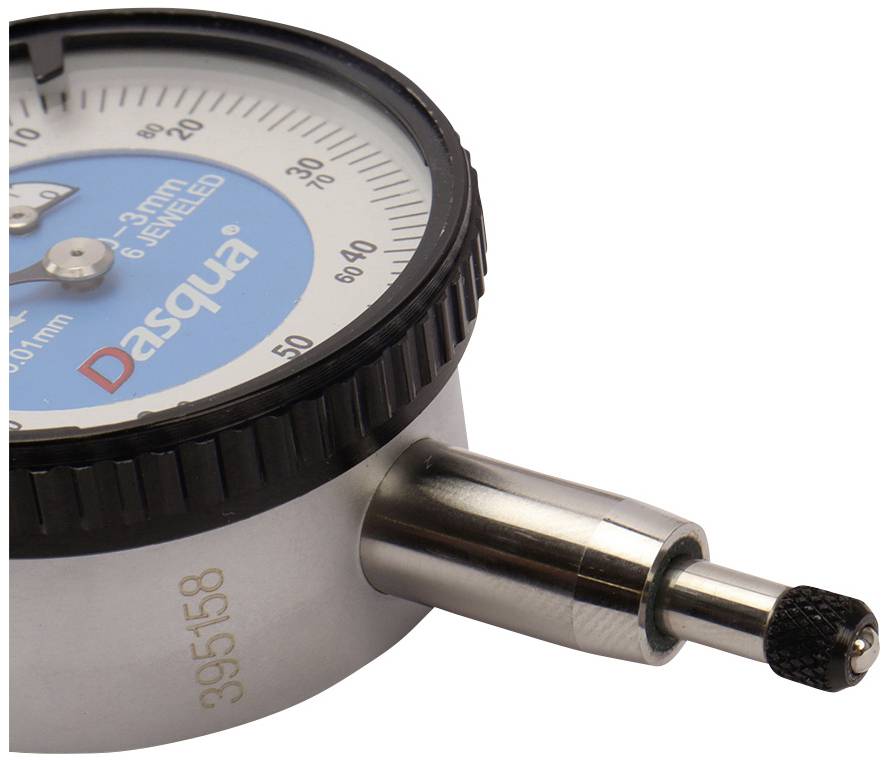 Zifferblattmessgerät mit Skala in Millimetern, zeigt aktuell 10 mm an; Metallgehäuse und Nadel; Marke 'Dasqua'.