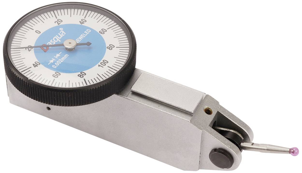 Metallisches Messgerät mit einem Zifferblatt, das in 0,01 mm Schritten bis 100 skaliert ist. Ein kleiner Stift zeigt Messungen an.