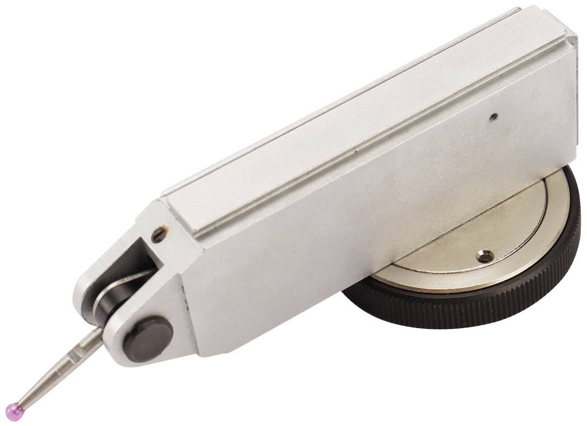 Silbernes mechanisches Messgerät mit feiner Spitze zur präzisen Vermessung; seitlich auf einer flachen Scheibe montiert.