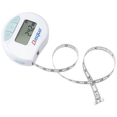 Elektronisches Maßband mit digitalem Display zeigt '24,1 cm'. Es ist weiß, mit zwei Tasten und einer Markierung in Zentimetern.