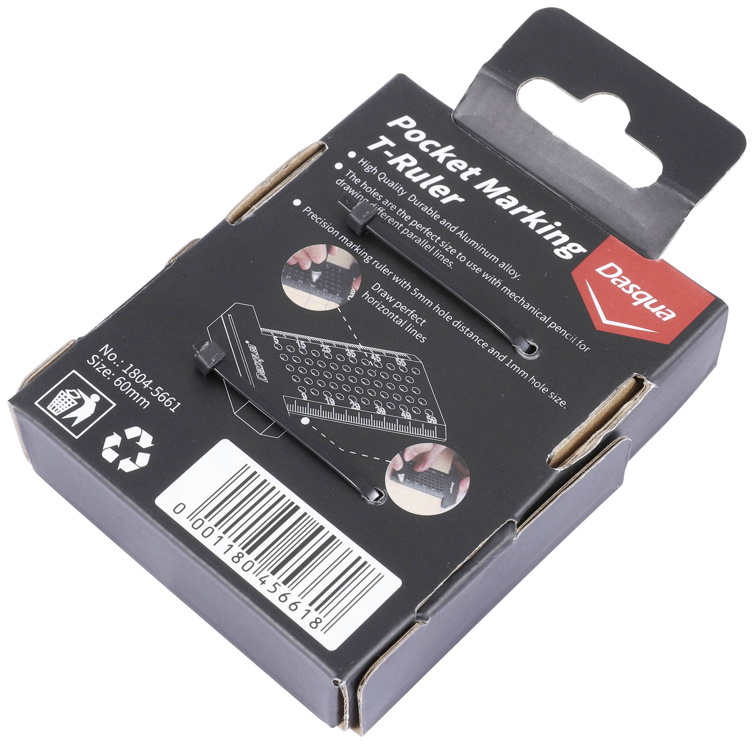 Schwarze Verpackung eines 'Pocket & Marking T-Ruler' von Doqqua mit Bild des Werkzeugs und Barcode, beschreibt Funktionen und Anwendung.