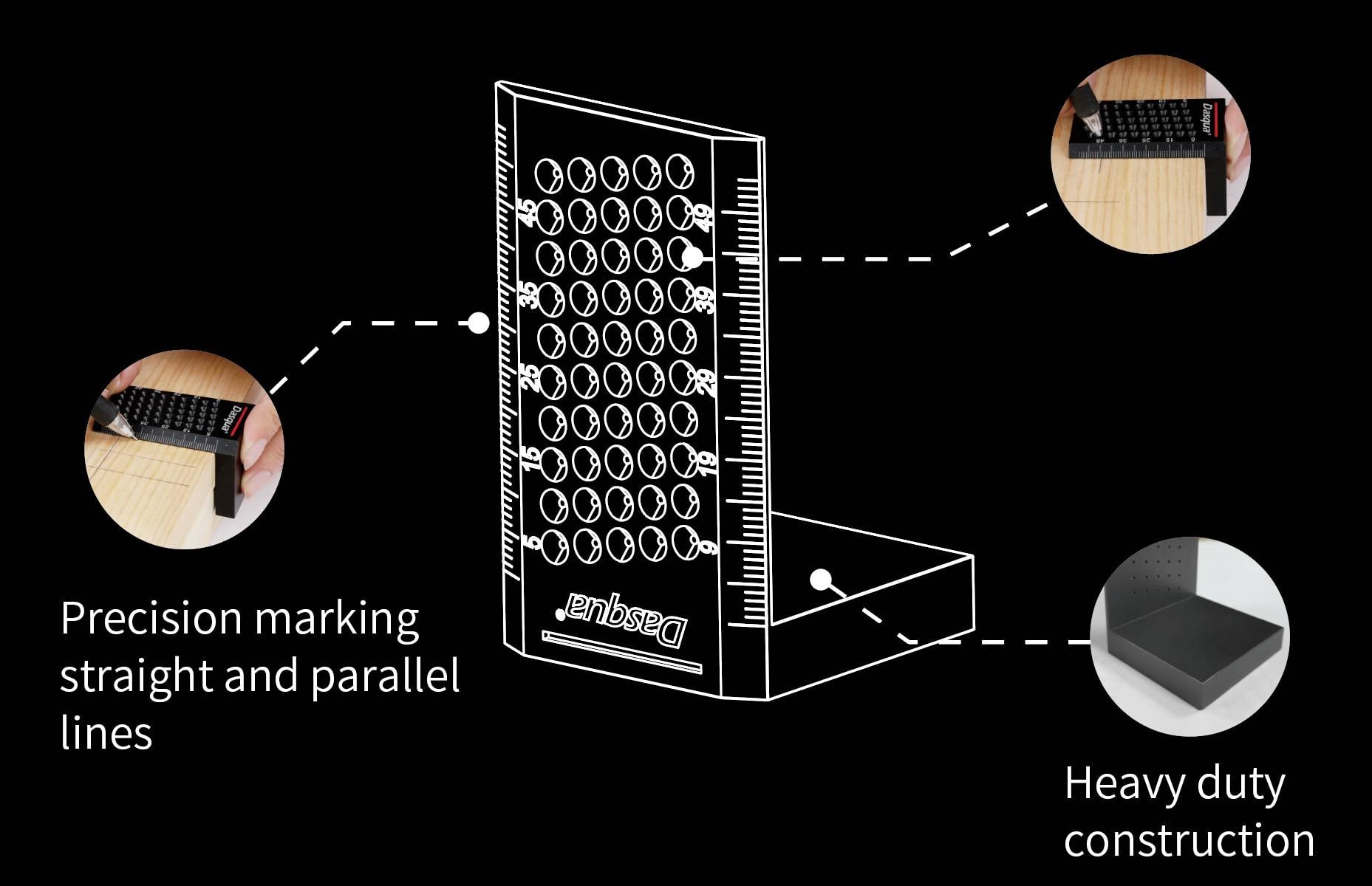 Werkzeug mit Maßlinien für präzises Markieren. Details zeigen parallele Linien und robuste Bauweise. Ideal für genaue Messungen.