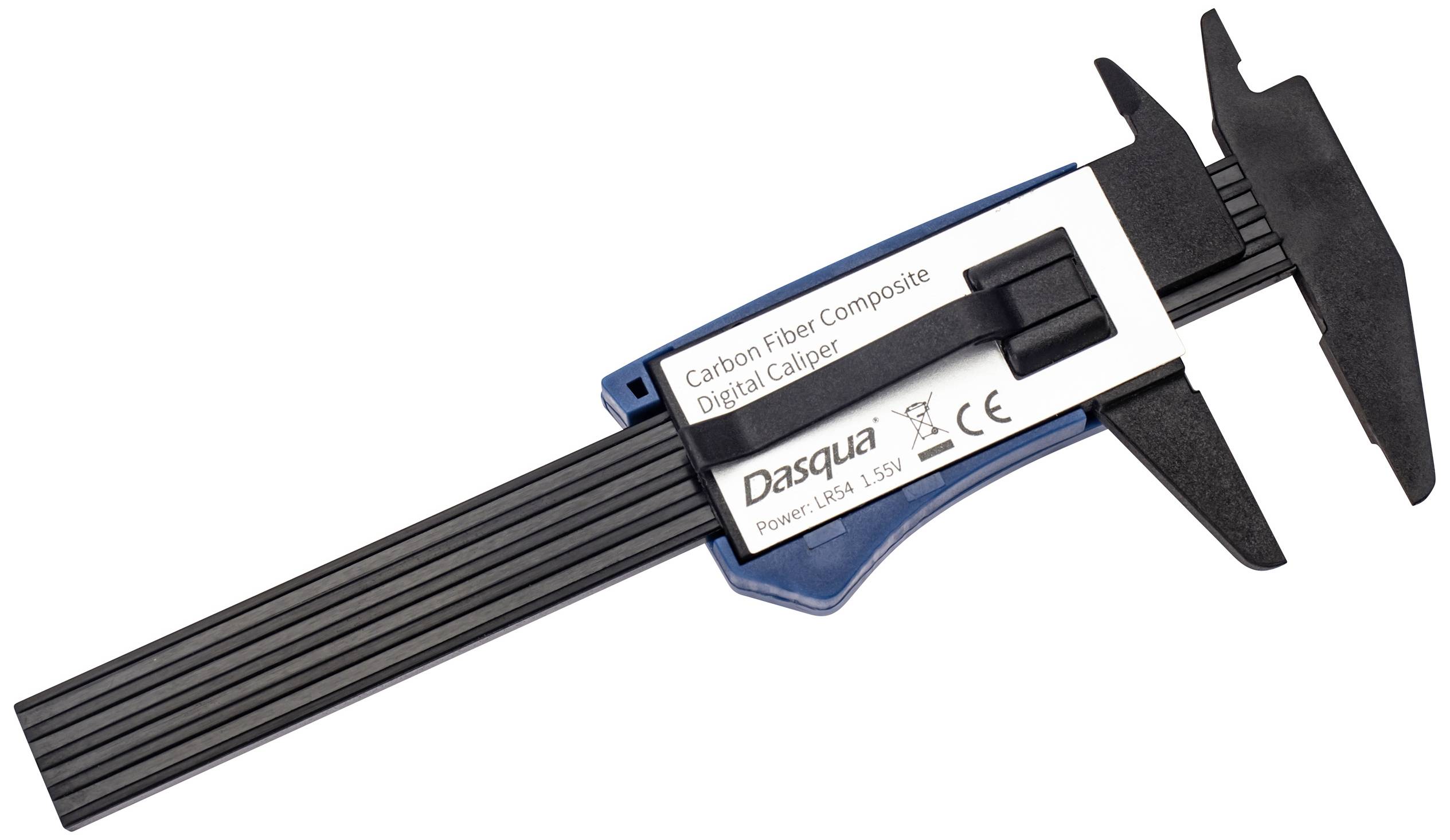 Digitaler Messschieber aus Kohlefaser-Verbundmaterial mit schiebetauglicher Skala und Klemmschraube zur präzisen Längenmessung.