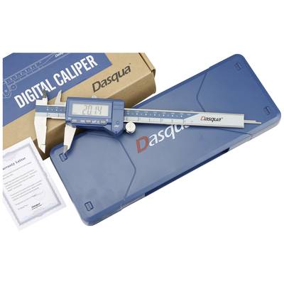 Digitaler Messschieber von Dasqua auf blauem Etui mit Verpackung im Hintergrund; Display zeigt '28.14'.