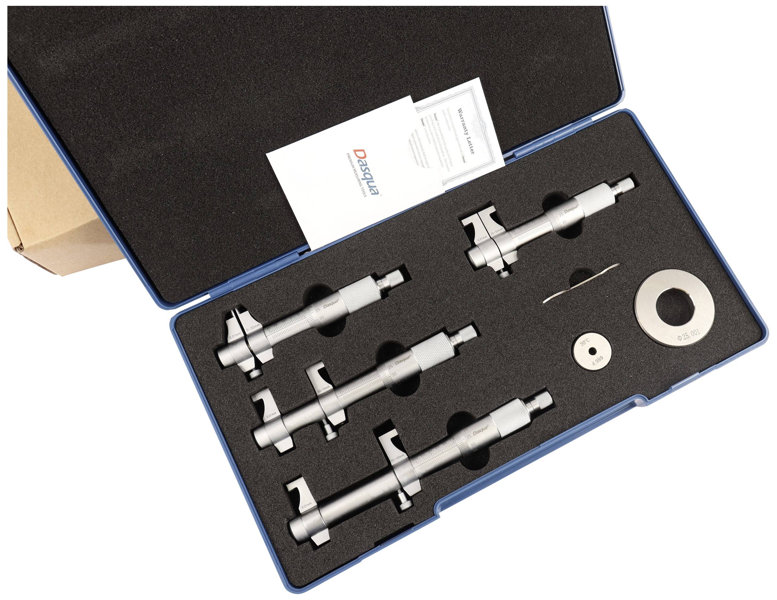 'Mikrometer-Set in einem blauen Etui mit mehreren Größen, Handbuch und Zubehör.'