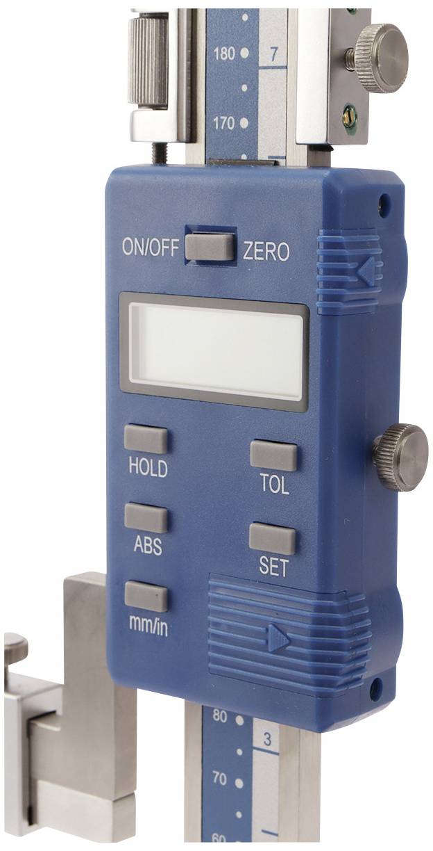 Digitaler Messschieber mit blauem Gehäuse und Anzeige, Knöpfe für 'ON/OFF', 'ZERO', 'HOLD', 'TOL', 'ABS', 'SET', mm/in-Schalter.