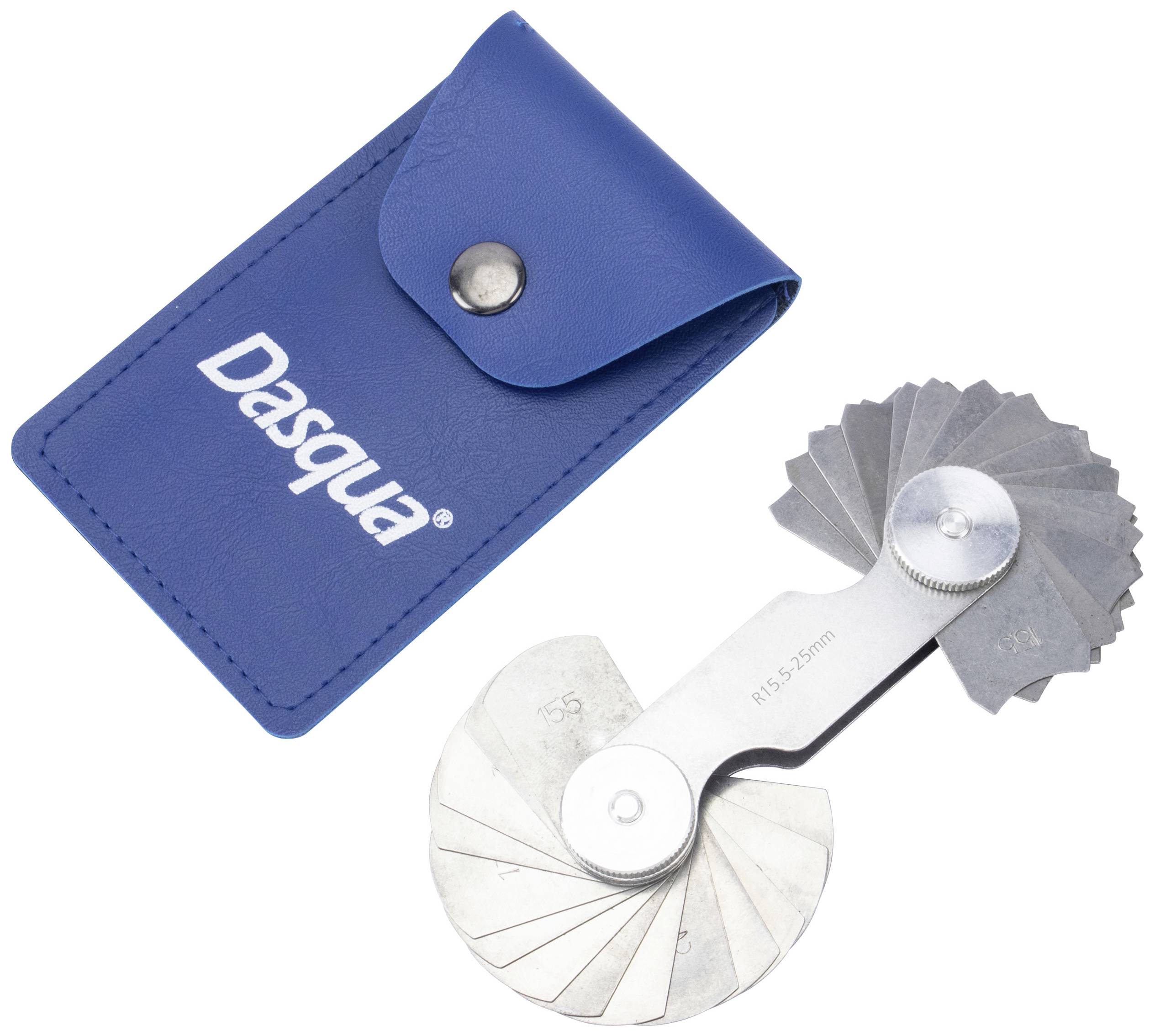 Fühlerlehren-Set mit blauem Etui. Enthält mehrere Metallblätter zur Messung von Spaltgrößen zwischen 0,05 mm und 2,50 mm.