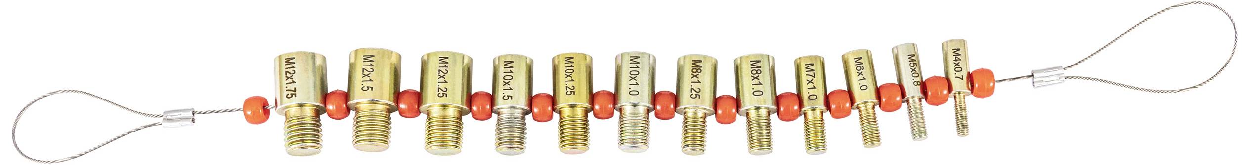 Eine Reihe von Messinggewichten, die durch einen Draht verbunden sind, zur Justierung oder Kalibrierung, beschriftet mit '1g' bis '10g'.