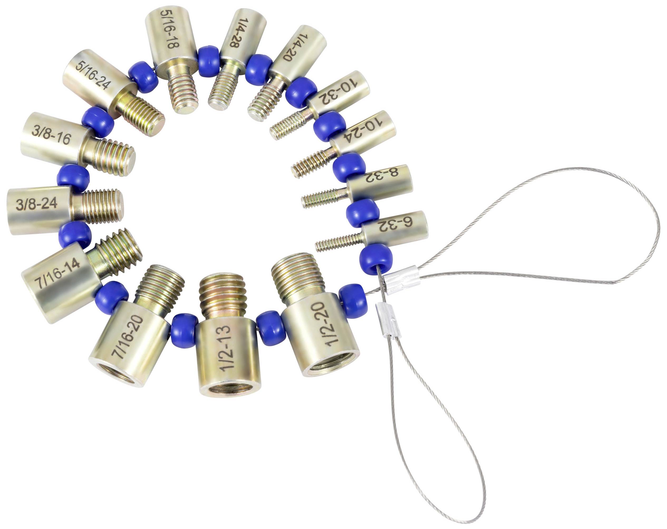 'Zoll-Gewindeschablone in kreisförmiger Anordnung mit Gewindegrößen von 3/8-16 bis 1/2-20, an Stahldraht befestigt.'