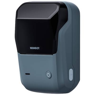 Tragbarer Drucker in Blau und Schwarz. Geräteknopf ist sichtbar. Logo 'NiiMbot' auf der Vorderseite.