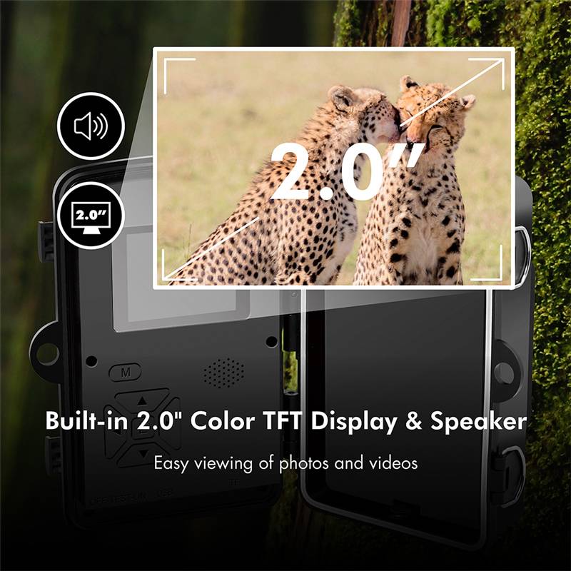 Zwei Geparden auf einem 2.0-Zoll-TFT-Display einer Kamera. Text: 'Built-in 2.0" Color TFT Display & Speaker', ermöglicht einfache Ansicht von Fotos und Videos.