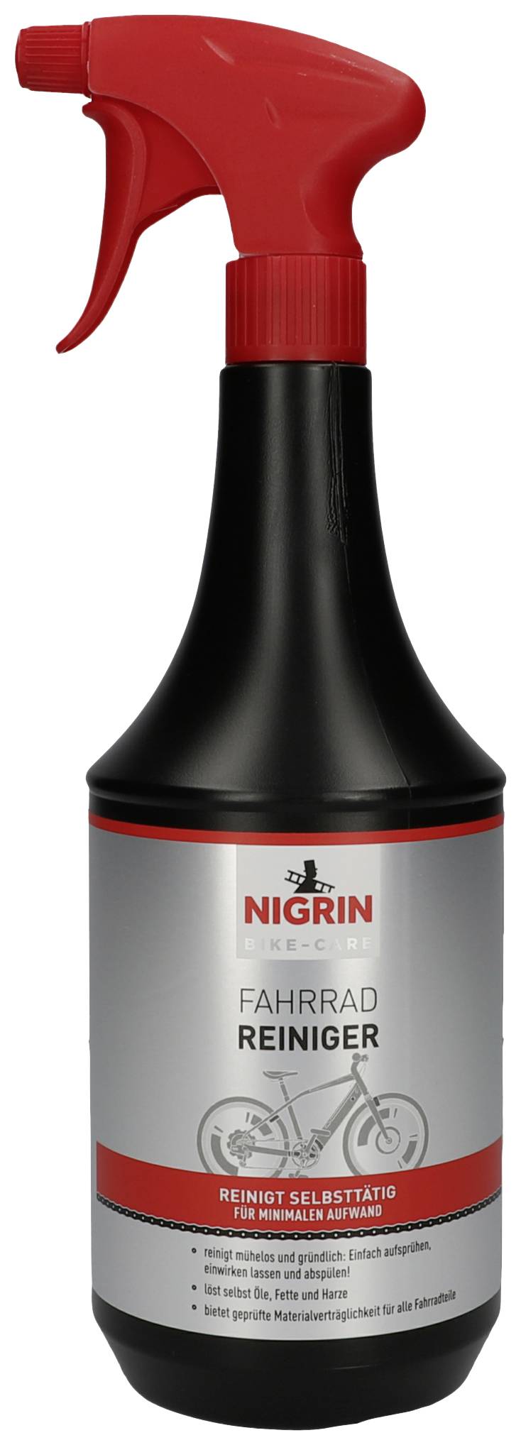 Eine schwarze Sprühflasche mit rotem Auslöser, Etikett mit Aufschrift 'Nigrin Fahrrad Reiniger'. Produkt zur Reinigung von Fahrrädern.