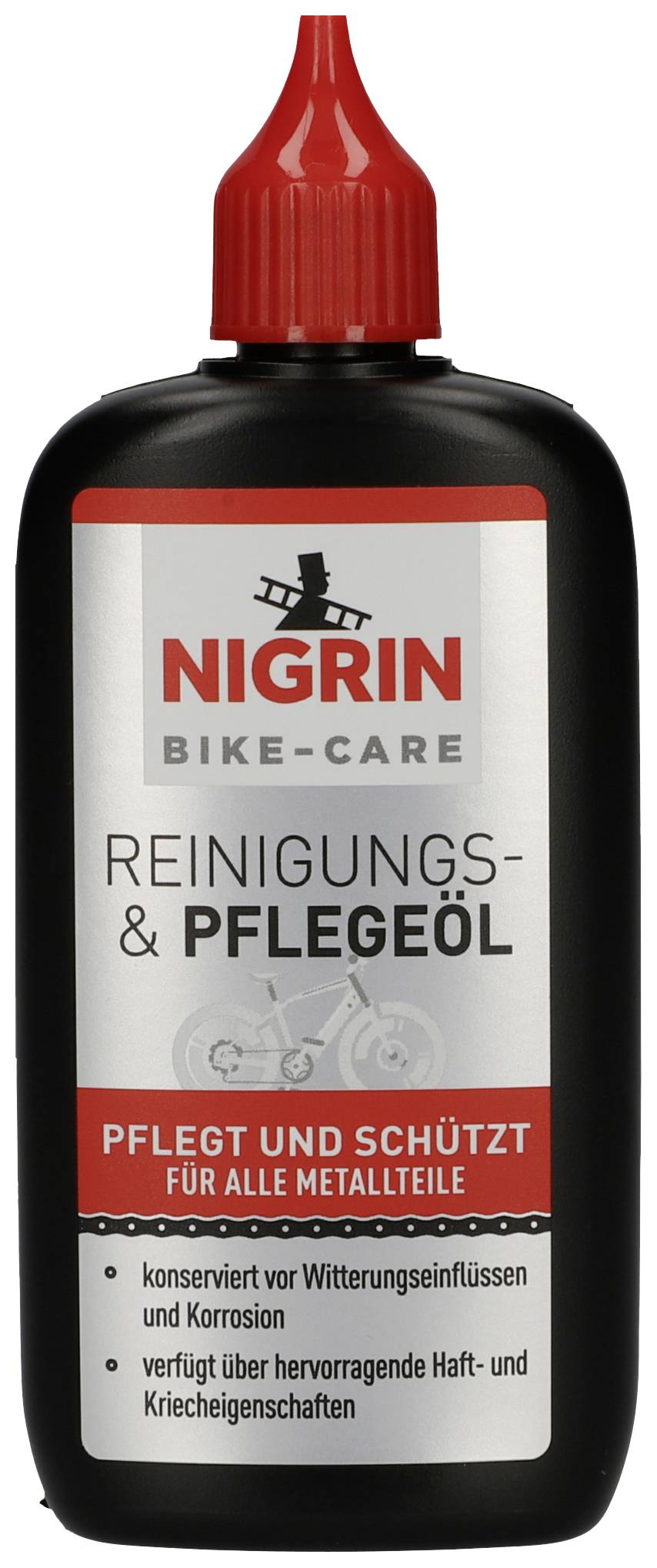 Ein schwarzes Fläschchen mit rotem Deckel. Aufschrift: 'Nigrin Bike-Care Reinigungs- & Pflegeöl' - schützt Metallteile vor Korrosion.
