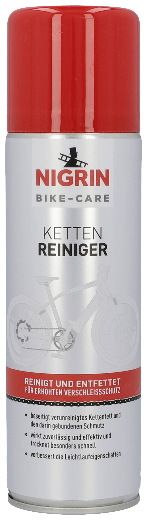 Sprühdose 'Nigrin Kettenreiniger', roter Deckel. Text: 'Entfettet und reinigt Ketten, verbessert Leichtlaufeigenschaften von Fahrrädern.'