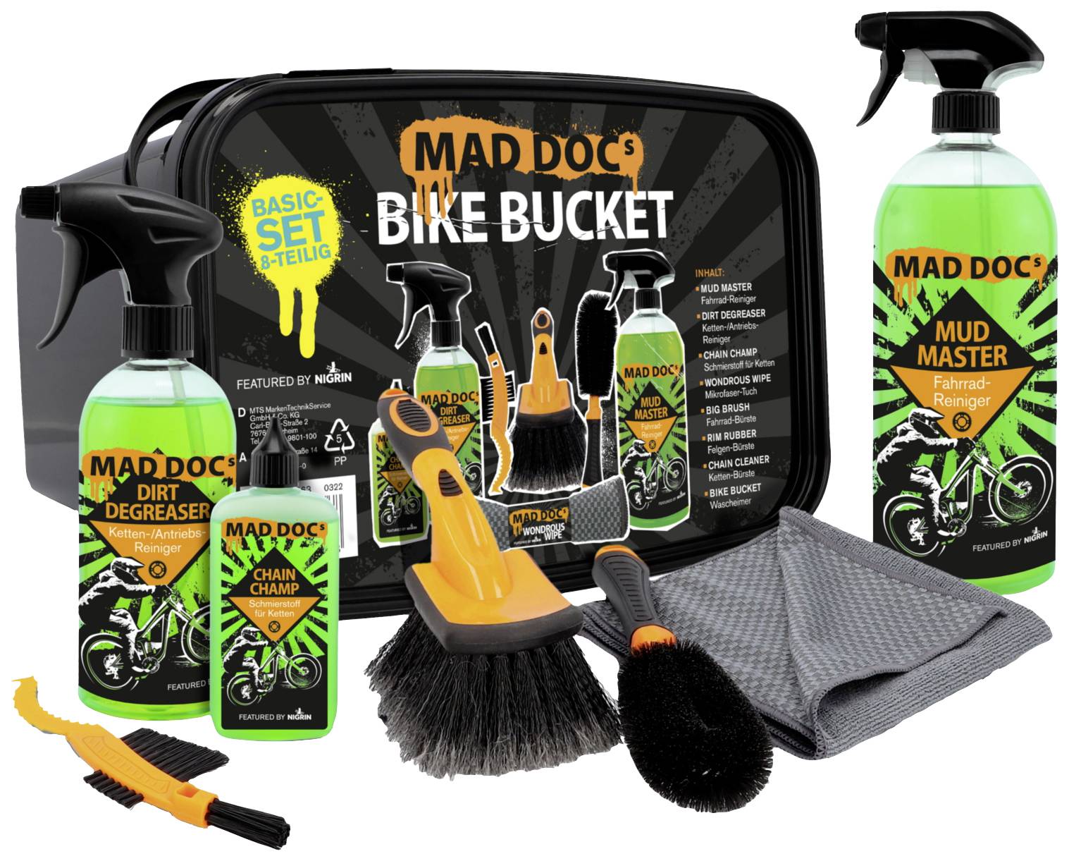 'Reinigungsset für Fahrräder mit verschiedenen Sprays, Bürsten und Tüchern im Eimer. Enthält Entfetter, Schmutzentferner und Kettenreiniger.'