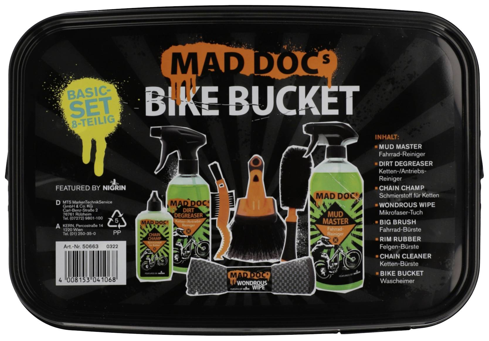 'Mad Doc's Bike Bucket': Ein Set mit Reinigungsprodukten für Fahrräder, enthalten: Schmutzentferner, Kettenreiniger, Bürsten und Tücher.