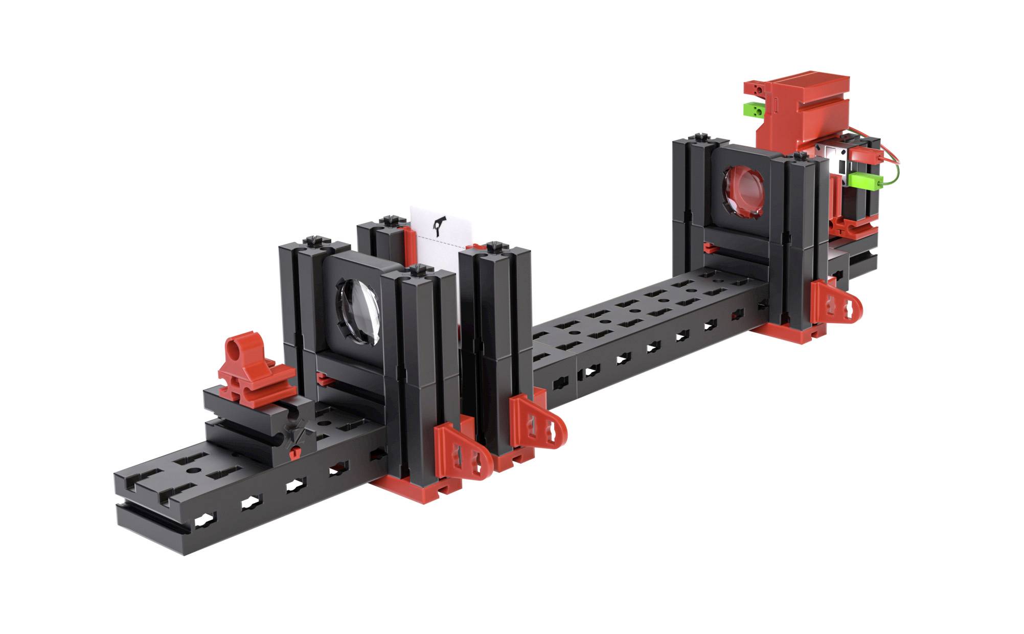 Optisches Experimentiergerät mit schwarzen und roten modularen Teilen, darunter Linsen und Lichtquelle, auf Schiene montiert.