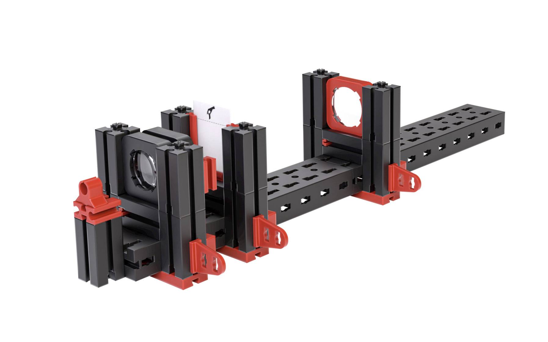 Ein optisches Experimentierset aus schwarzen und roten Modulbauteilen zur Licht- und Laserdemonstration.