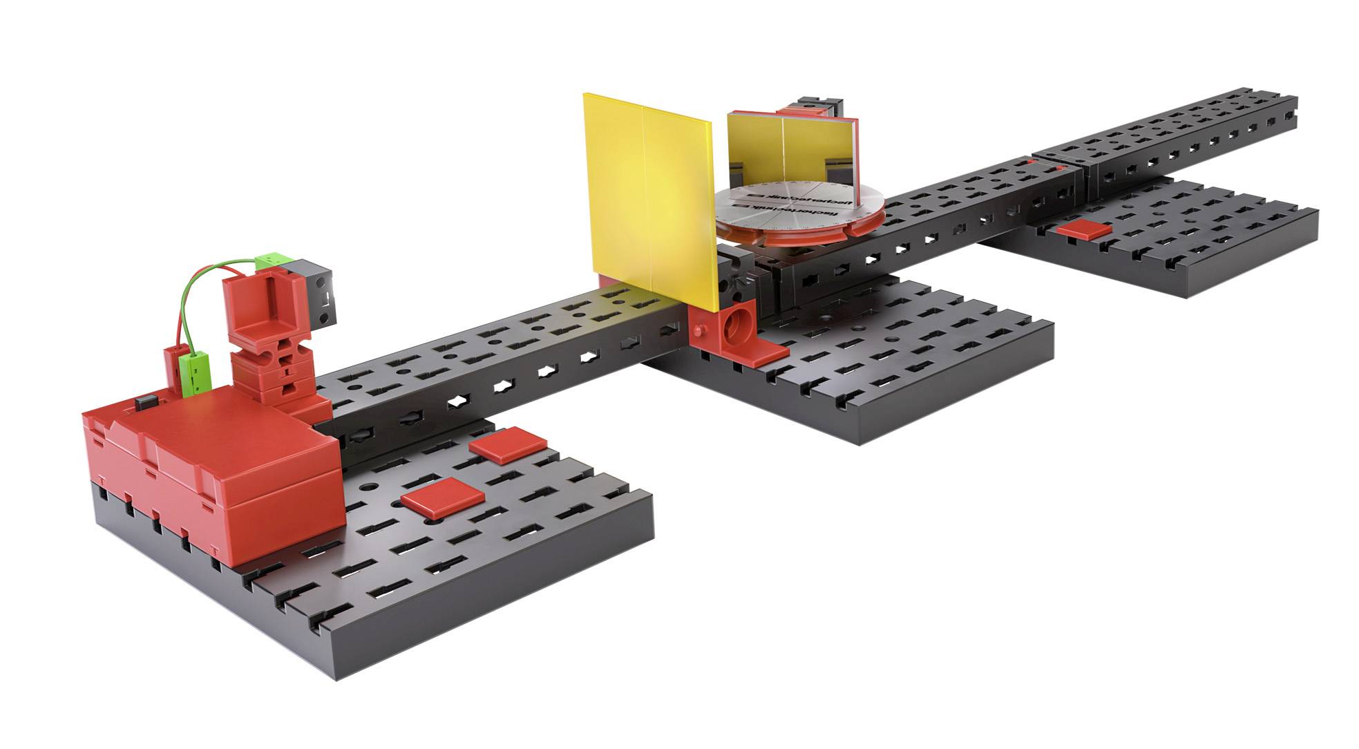 Laserentfernungsmesser mit Reflektionsschild auf einem stabilen Montagesystem. Hauptkomponenten in Rot und Schwarz, montiert auf Platten.