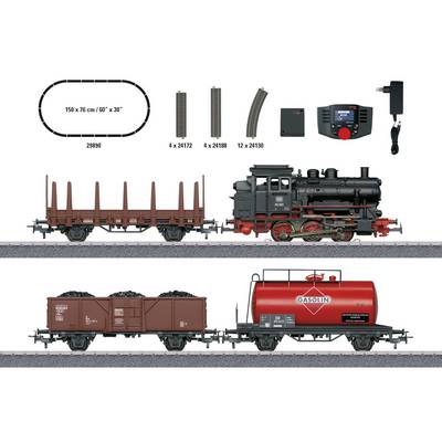 Eisenbahnmodell-Set mit Dampflok, Güterwaggons und Zubehör; enthält Schienen, Steuergerät und Transformator für den Modellbau.