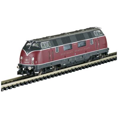 Ein Modellzug der Deutschen Bundesbahn, Baureihe V 200, in roter und schwarzer Lackierung auf einem Bahngleis.
