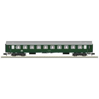 Grüner Eisenbahnwaggon mit 11 Fenstern, auf einem Gleis stehend. Der Waggon hat die Nummer 'Cd' und ist für den Personentransport.
