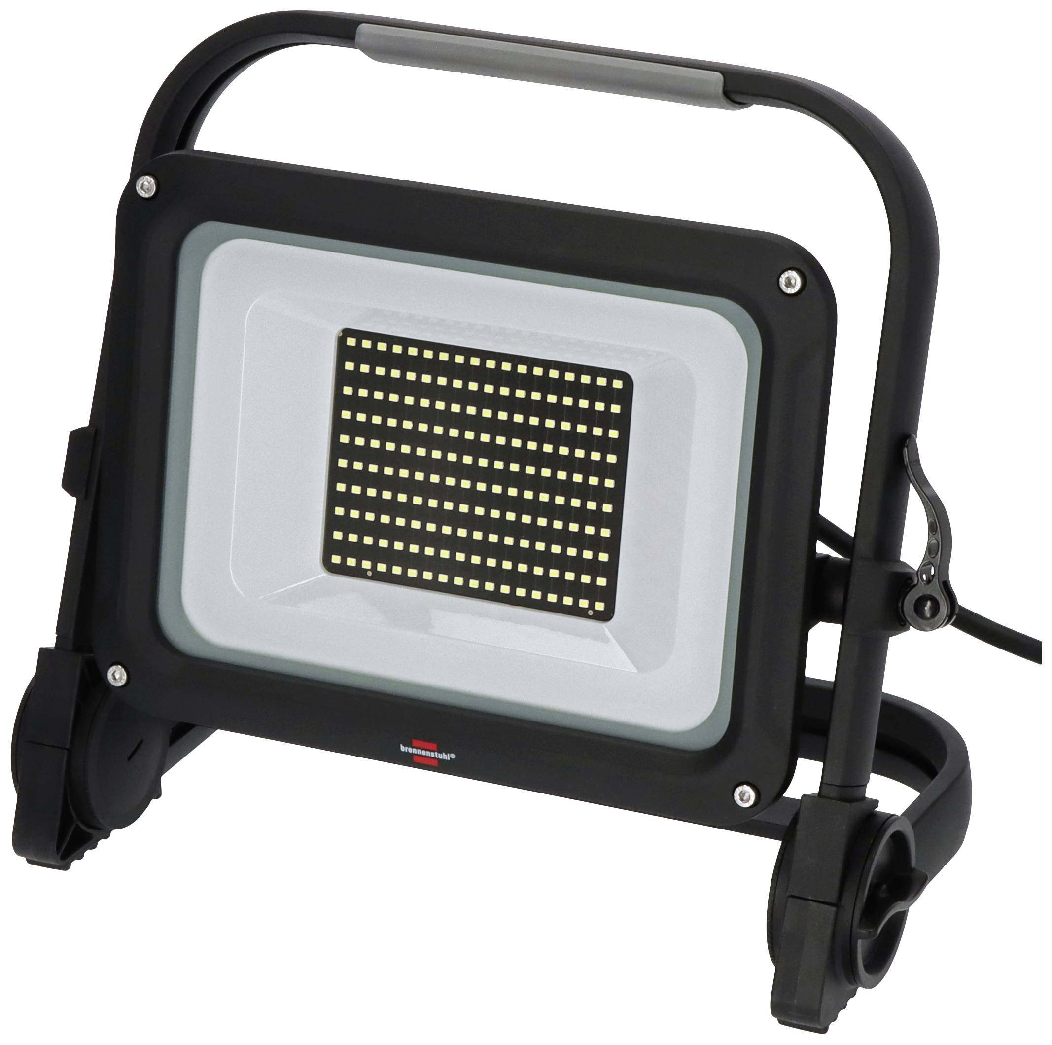 LED-Baustrahler auf einem Ständer, mit schwarzem Gehäuse und rechteckigem Lampenfeld. Ideal für Bau- und Renovierungsprojekte.