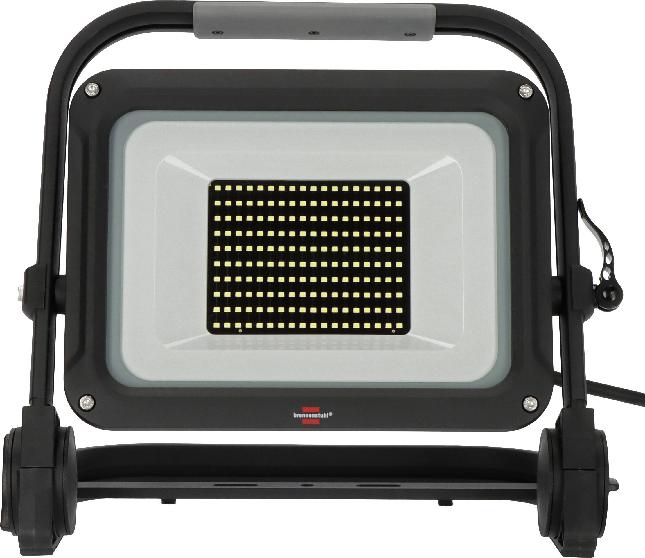 Ein rechteckiger LED-Fluter mit vielen kleinen, leuchtenden LEDs. Schwarzer Rahmen und verstellbare Halterung, geeignet für Außenbeleuchtung.
