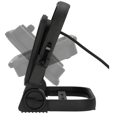 Seitenansicht eines schwarzen LED-Strahlers, der nach oben neigt. Er ist an einem Ständer befestigt, ein Kabel ragt nach rechts.
