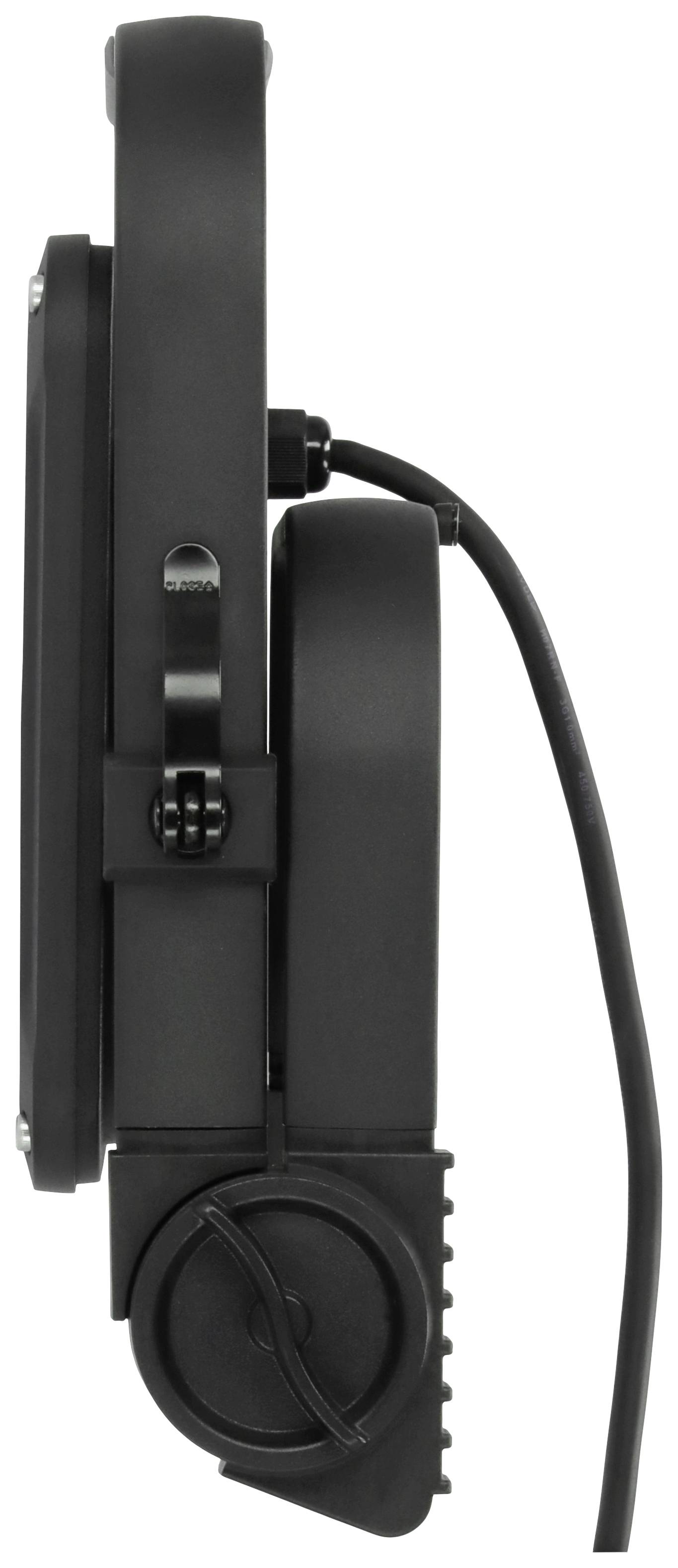 Seitenansicht eines schwarzen, rechteckigen Lüfters mit Kabel, klar sichtbarem Port und Kontrollknopf.