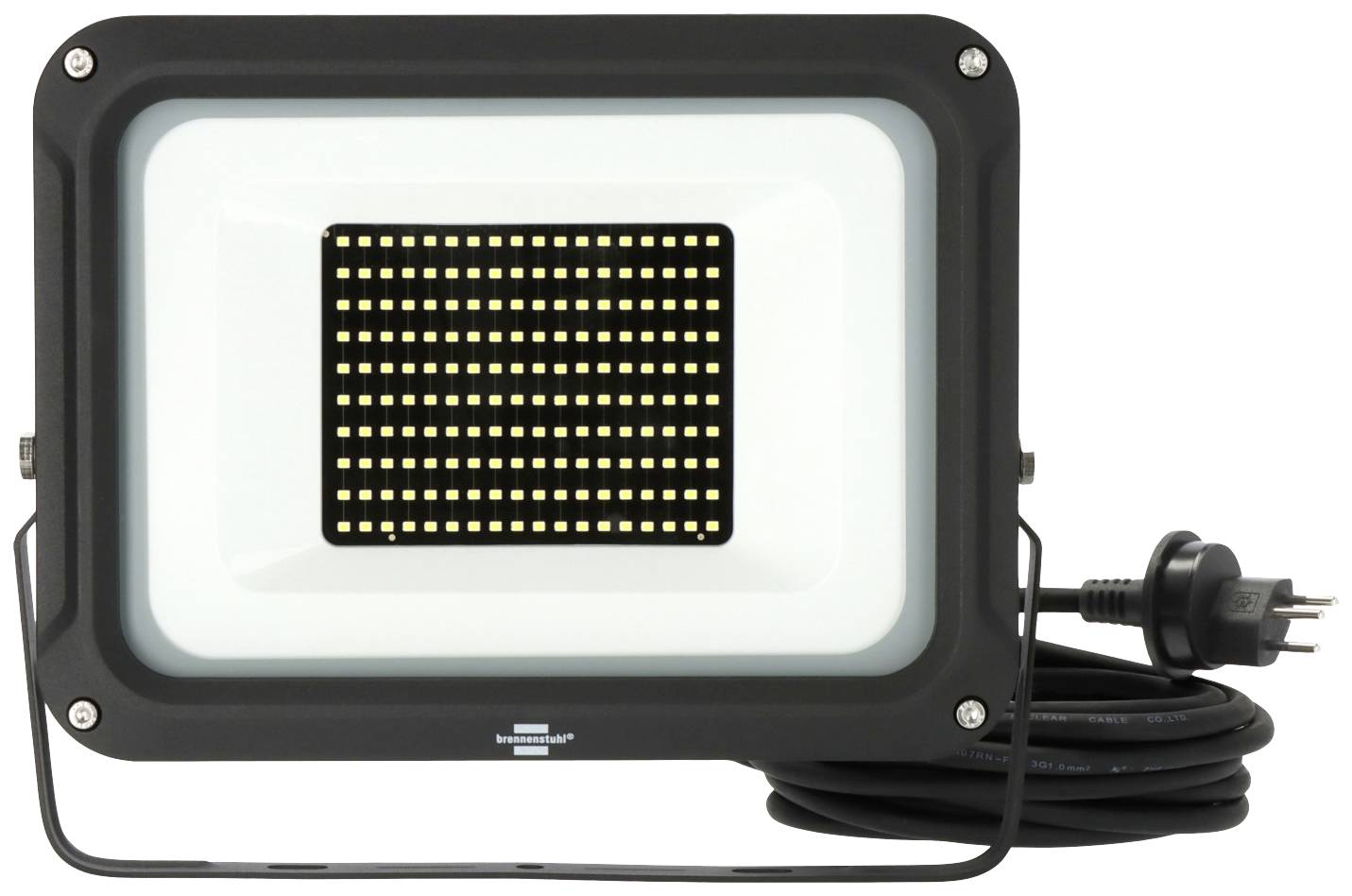 Ein rechteckiger LED-Fluter mit schwarzem Rahmen und zahlreichen kleinen, leuchtenden Punkten. Ein Stromkabel mit Stecker ist angeschlossen.