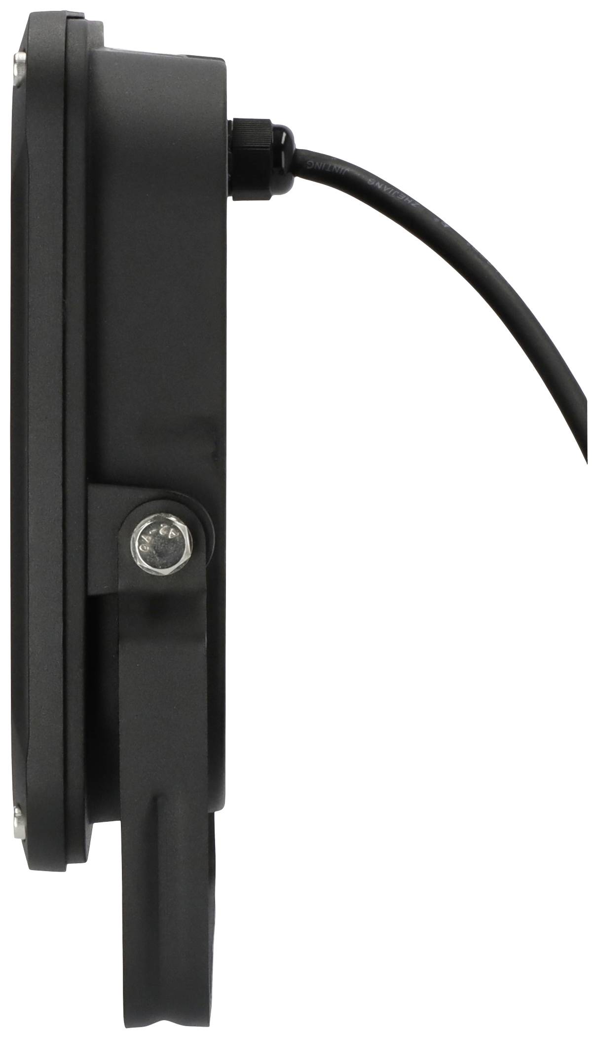 Das Bild zeigt die Seitenansicht eines schwarzen LED-Strahlers mit montiertem Kabel, geeignet zur Wandmontage im Außenbereich.
