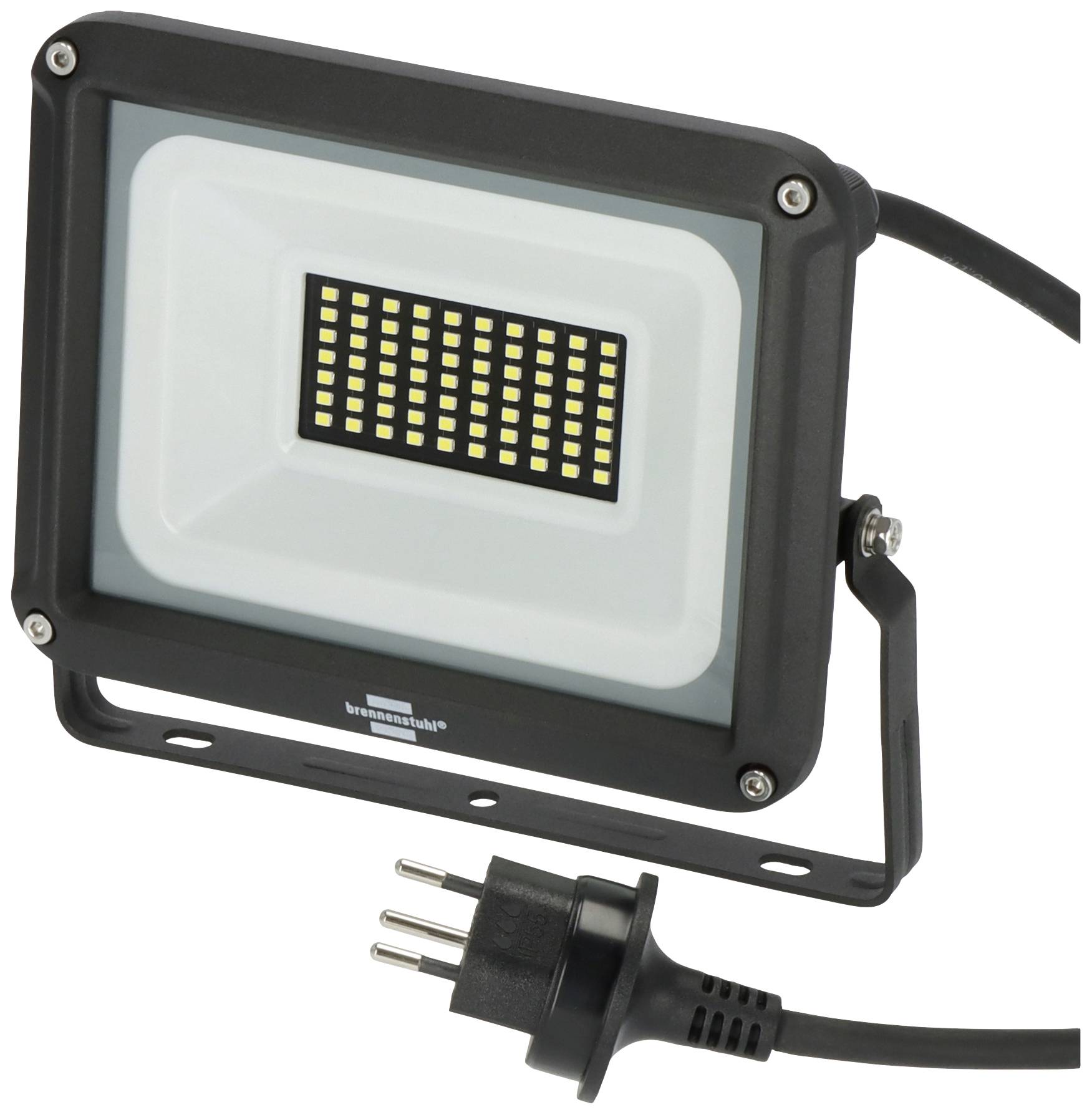 LED-Flutlichtstrahler mit schwarzem Gehäuse und Netzstecker, geeignet für Außenbeleuchtung.