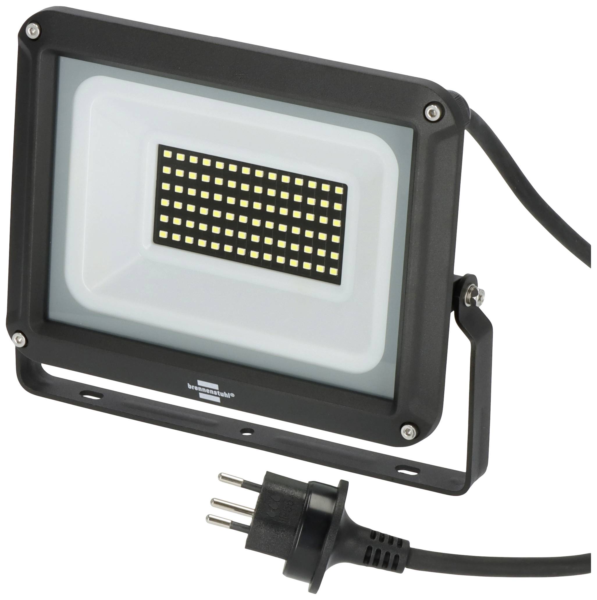 Schwarzer LED-Fluter mit rechteckigem Lampenkörper und vielen kleinen, leuchtenden LEDs in der Mitte. Angeschlossenes Netzkabel mit Stecker.