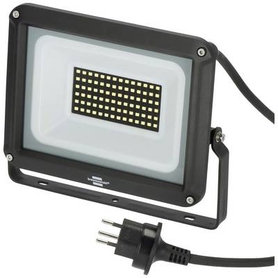 Schwarzer LED-Fluter mit rechteckigem Lampenkörper und vielen kleinen, leuchtenden LEDs in der Mitte. Angeschlossenes Netzkabel mit Stecker.
