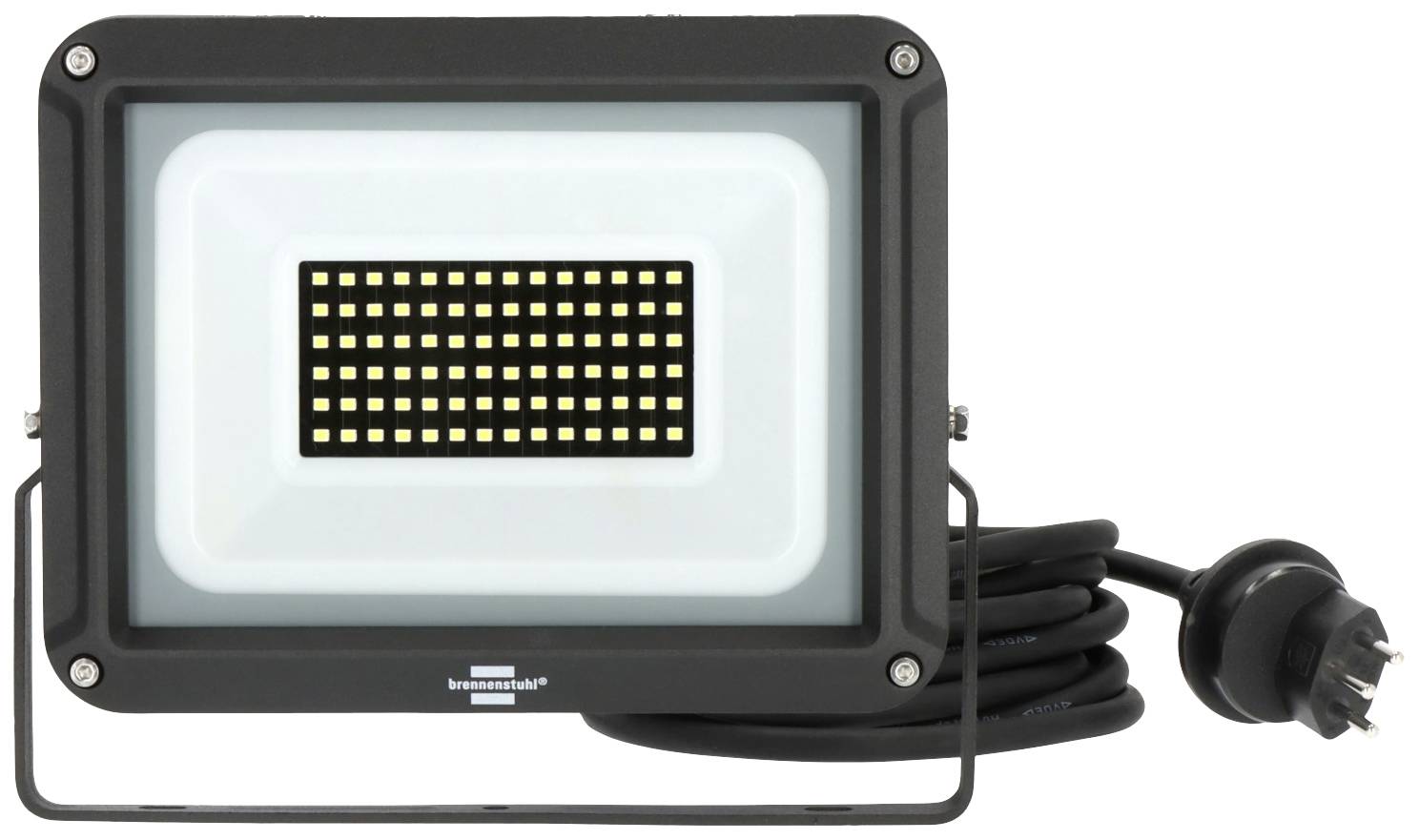 'LED-Strahler mit schwarzem Gehäuse und Netzstecker, geeignet für Beleuchtungszwecke im Innen- und Außenbereich.'