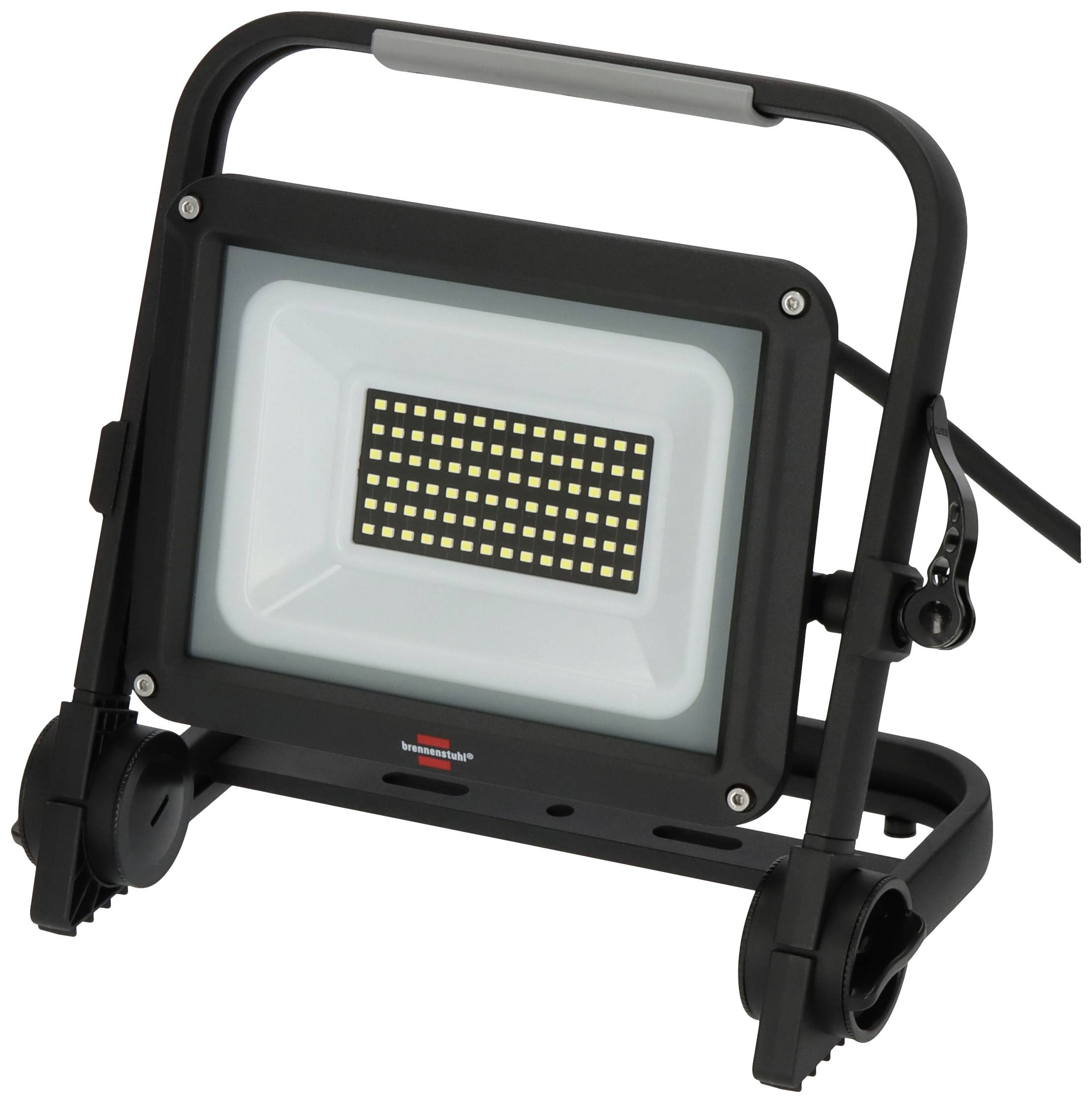 Ein tragbarer LED-Flutlichtstrahler mit schwarzem Rahmen und Griff, auf einem Ständer mit Rädern montiert, auf einem hellen Hintergrund.