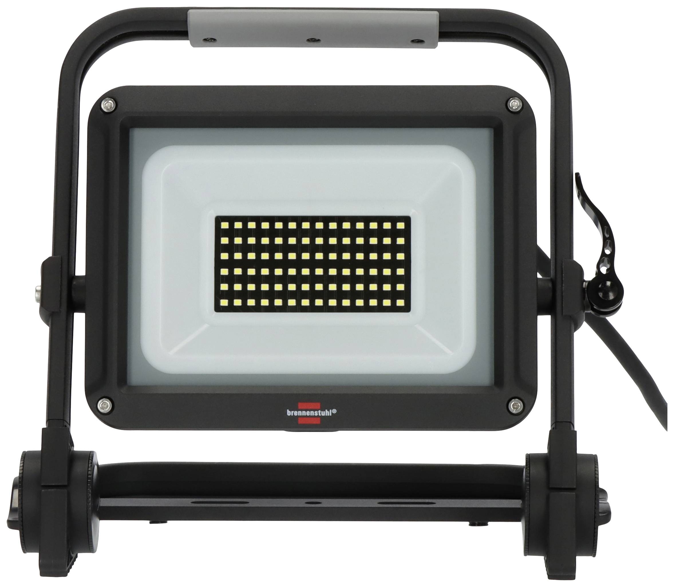 LED-Flutlichtstrahler mit schwarzem Rahmen und Gittermuster. Geeignet für Außenbeleuchtung oder Baustellen.