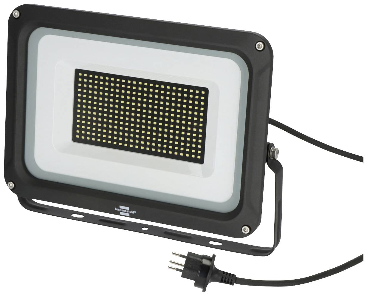 Ein rechteckiger LED-Strahler mit schwarzem Rahmen, vielen kleinen Lichtern in der Mitte und einem Stromkabel mit Stecker.