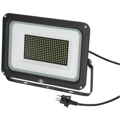 Ein rechteckiger LED-Strahler mit schwarzem Rahmen, vielen kleinen Lichtern in der Mitte und einem Stromkabel mit Stecker.