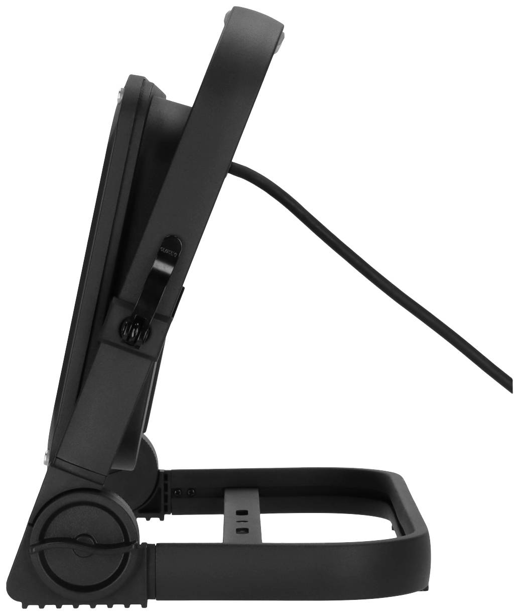 Ein schwarzer tragbarer Monitor seitlich gezeigt, mit einem angebrachten Ständer, das Netzkabel ist sichtbar.