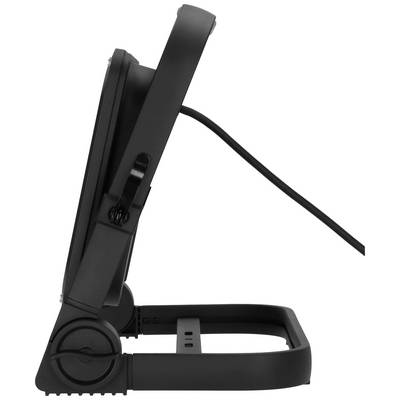 Ein schwarzer tragbarer Monitor seitlich gezeigt, mit einem angebrachten Ständer, das Netzkabel ist sichtbar.