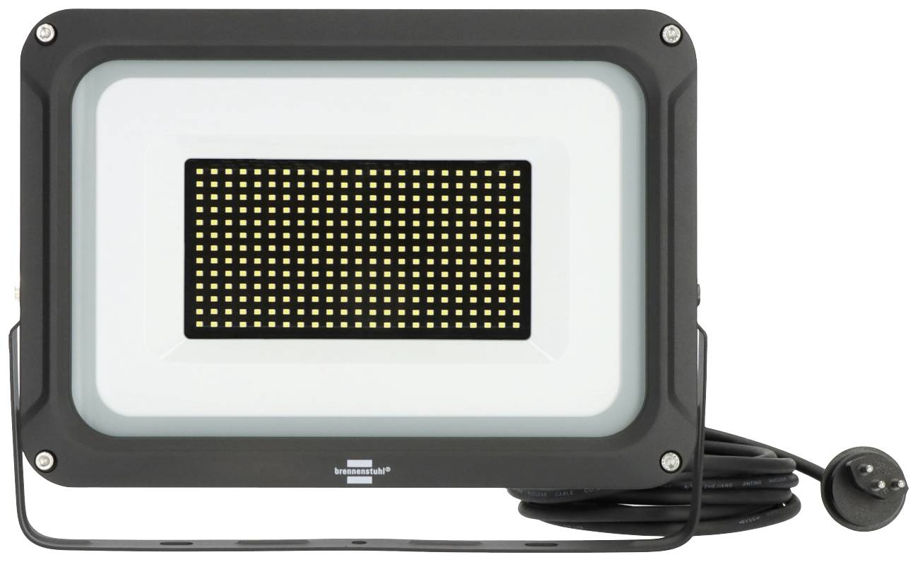 LED-Fluter mit rechteckigem Gehäuse und vielen sichtbaren LED-Lampen. Schwarzes Gehäuse, mit Kabel und Stecker auf der rechten Seite.