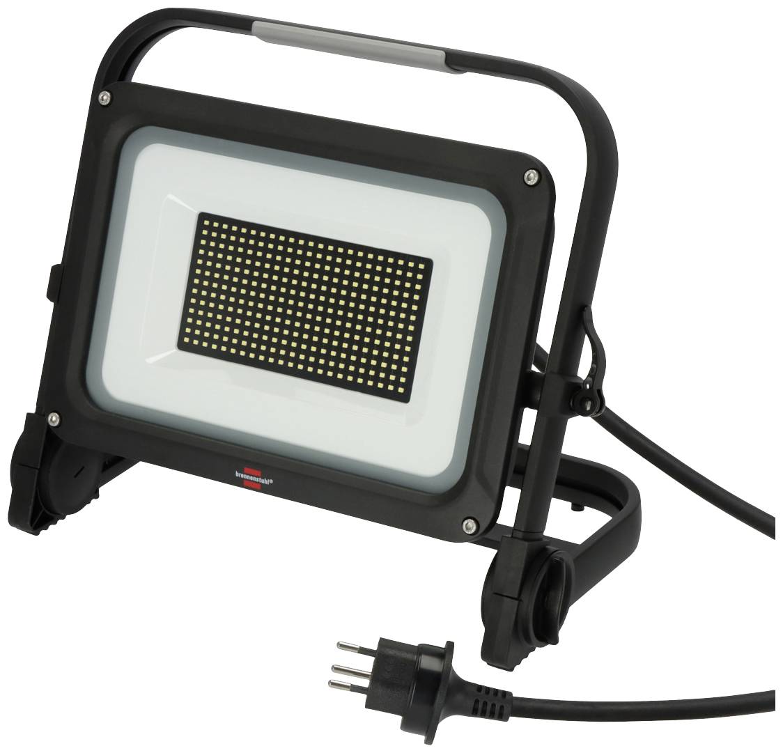 Ein tragbarer LED-Baustrahler mit schwarzem Gehäuse und einem Netzkabel, geeignet für den Gebrauch bei Bau- oder Renovierungsarbeiten.
