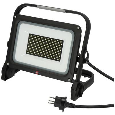 Ein tragbarer LED-Baustrahler mit schwarzem Gehäuse und einem Netzkabel, geeignet für den Gebrauch bei Bau- oder Renovierungsarbeiten.