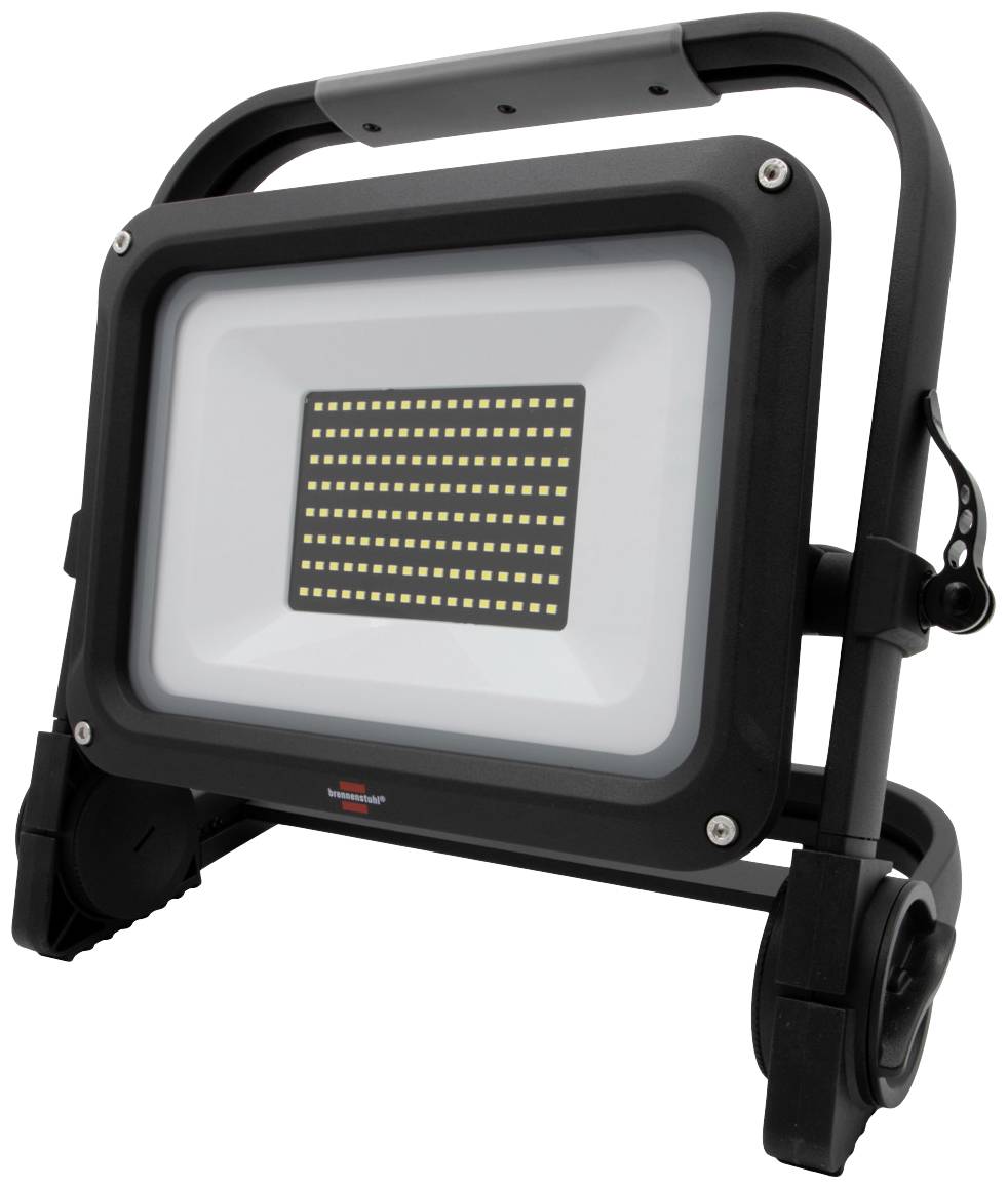 Mobiler LED-Baustrahler mit verstellbarem Ständer, schwarzem Gehäuse und vielen leuchtenden LEDs. Ideal für Baustellenbeleuchtung.